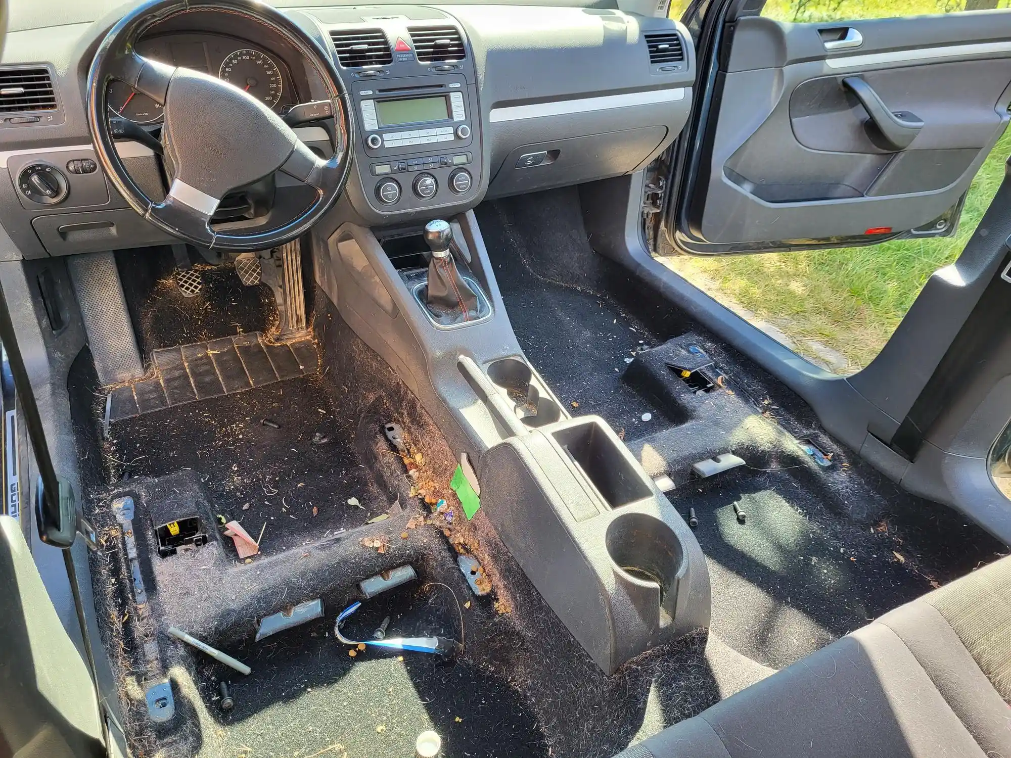 family car interior with dirt crumbs and pet hair needing cleaning